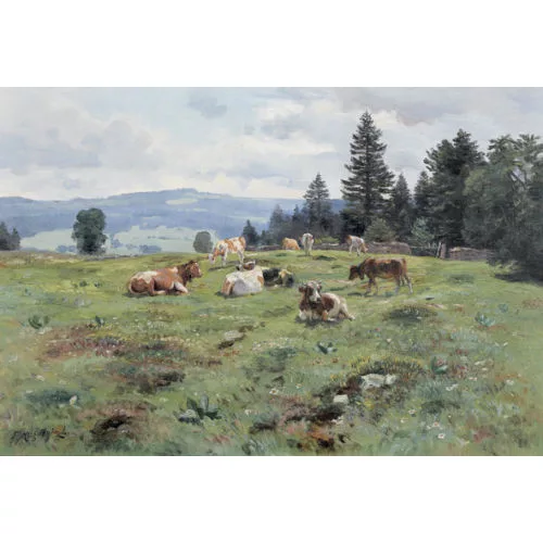 Fritz Edouard Huguenin-Lassauguette — Sommerliche Wiesenlandschaft mit weidenden Kühen.