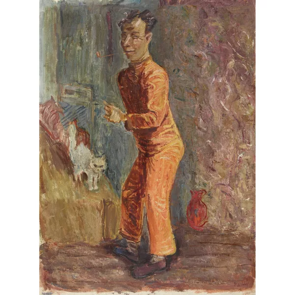 FRITZ EDUARD PAULI — Porträt eines Mannes mit Pfeife und einer Katze.