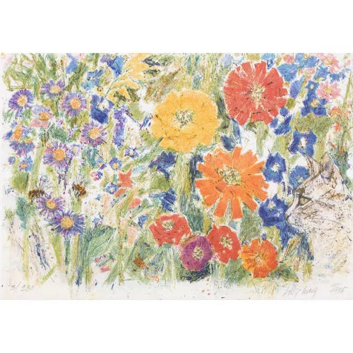 Fritz Hug — "Blumen mit Katze und Bienen".
