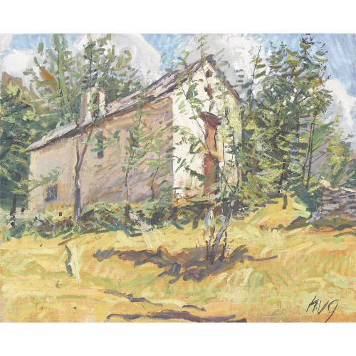Fritz Hug — Sommerliche Landschaft mit Kapelle.