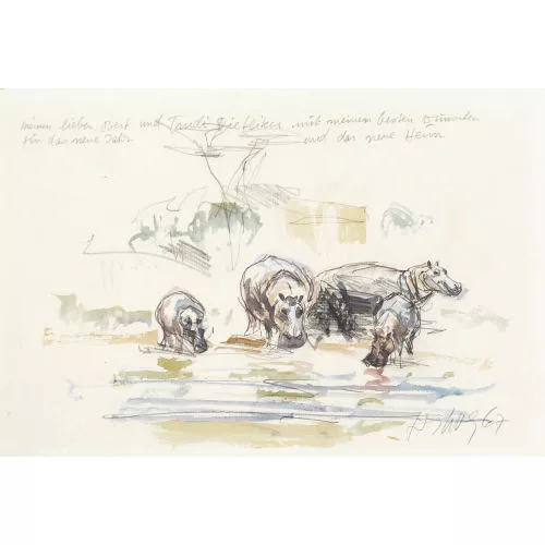 Fritz Hug — Nilpferde an der Wassertränke.