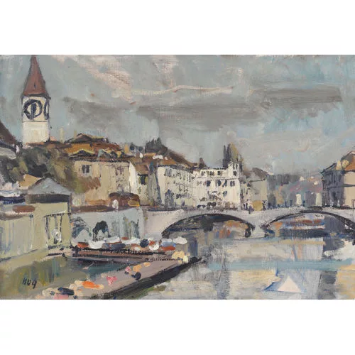 Fritz Hug — Limmatpartie in Zürich mit Münsterbrücke.