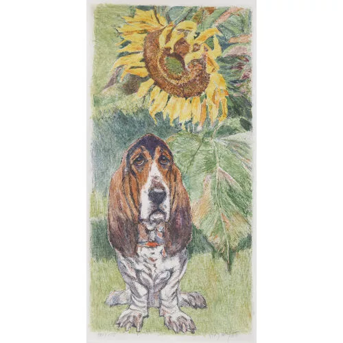 Fritz Hug — "Basset mit Blume".