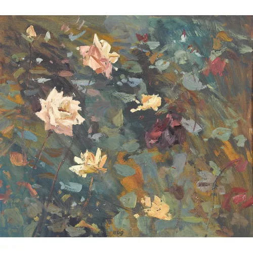 Fritz Hug — Blühende Rosen im Freien.