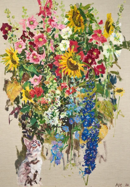 Fritz Hug — Kätzchen im Blumengarten, 1986