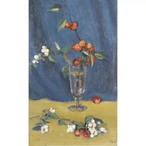 Fritz Hug — Stillleben mit Kirschzweig in einem Glas.