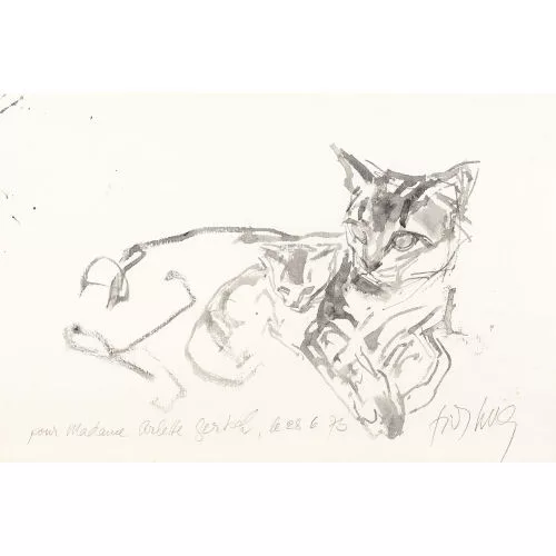 Fritz Hug — Liegende Katze mit Jungtier.