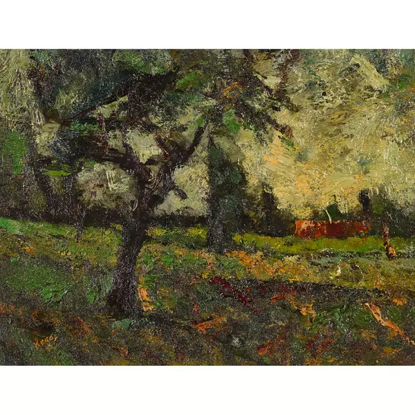Landschaft mit Bäumen und Haus