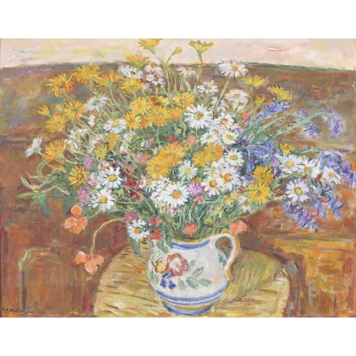 Fritz Meijer — Feldblumenstrauss in einer Henkelvase.