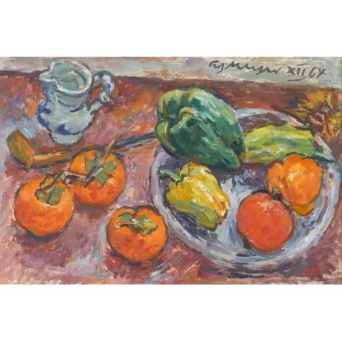 Fritz Meijer — Stillleben mit Paprika, Tomaten, Pfeife und Wasserkrug.