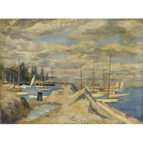 Fritz Meijer — Uferpartie mit Segelbooten unter wolkigem Himmel.