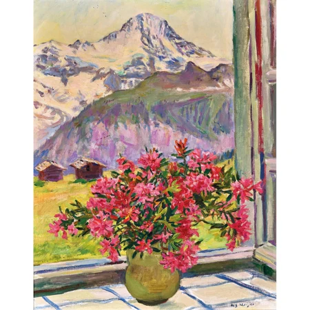 Blumenstrauss im Fensterausschnitt mit Blick in die Berge
