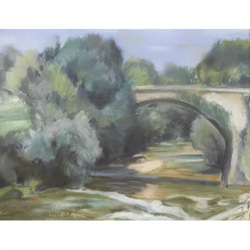 Fritz Pümpin — Sommerliche Flusspartie mit Steinbrücke.