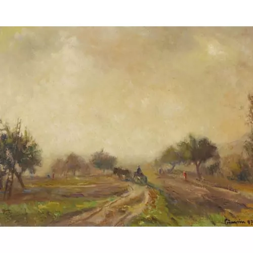 Ackerlandschaft mit Obstbäumen und Staffage