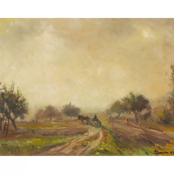 Ackerlandschaft mit Obstbäumen und Staffage