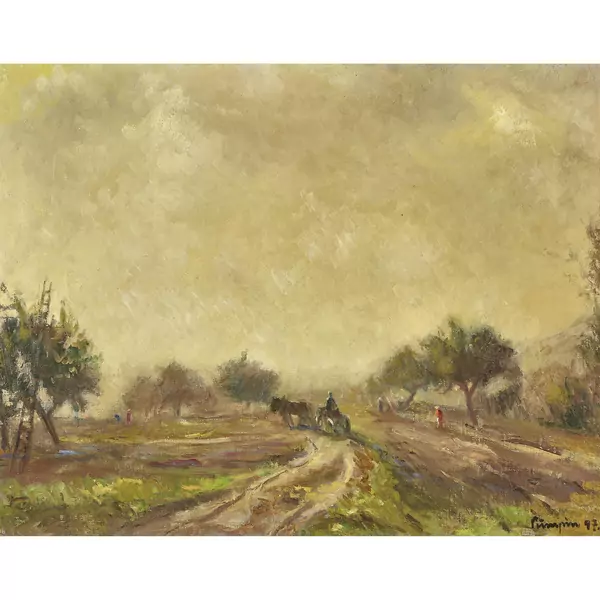 Ackerlandschaft mit Obstbäumen und Staffage