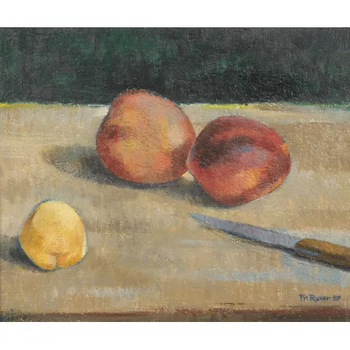 Fritz Ryser — Stillleben mit Pfirsichen und Messer.