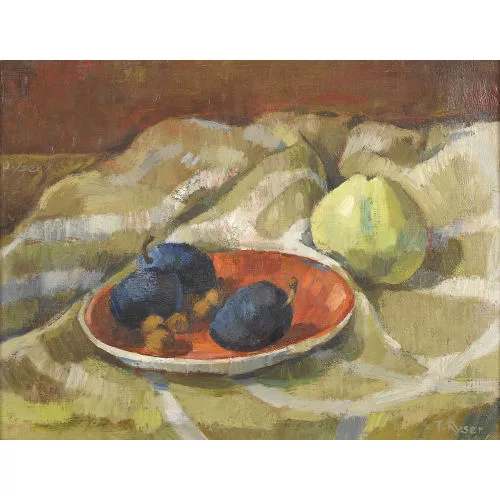 Fritz Ryser — "Stillleben mit Früchten und rotem Teller."