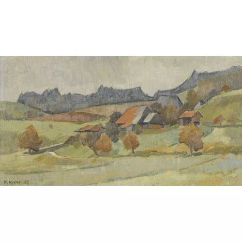 Fritz Ryser — Bauernhaus in hügeliger Landschaft.