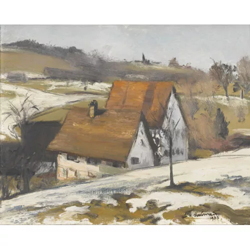 Fritz Thalmann — Bauernhäuser in Hügellandschaft im Vorfrühling.
