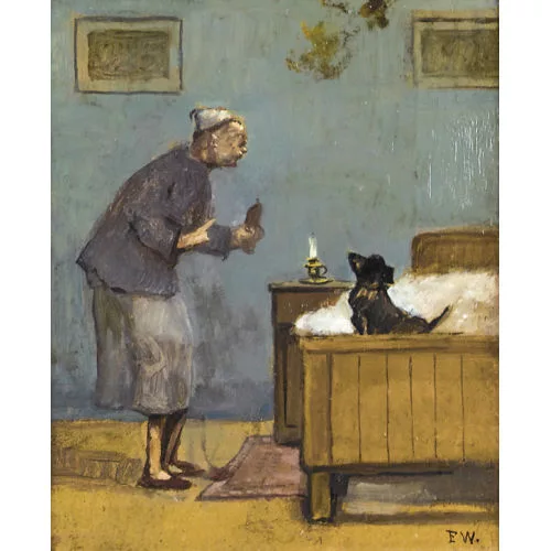 Fritz Widmann — Alte Frau mit Hund auf einem Bett.