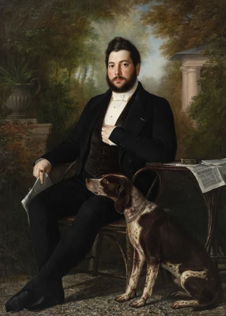 Portrait d'homme assis avec son chien