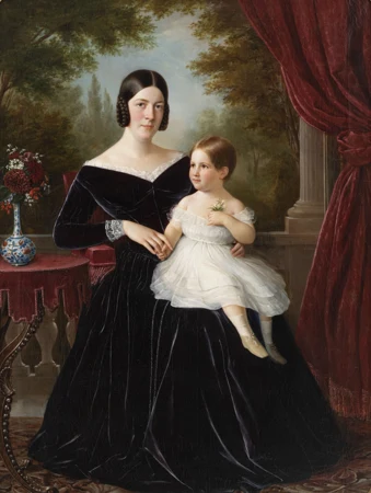 Portrait de femme assise avec sa fille