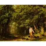 Mutter mit Kind und Trutenschar in Waldlichtung