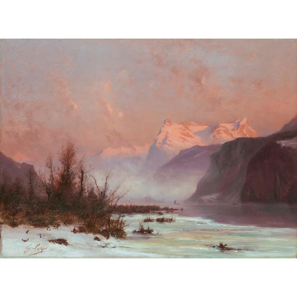 Gabriel Loppé — PAYSAGE EN HIVER AU BORD DU LAC AVEC MONTAGNES WINTER LANDSCAPE AT THE LAKE WITH MOUNTAINS