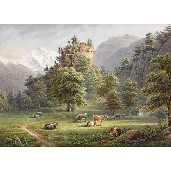 GABRIEL LORY — Die Ruine Unspunnen mit Blick auf die Jungfrau.