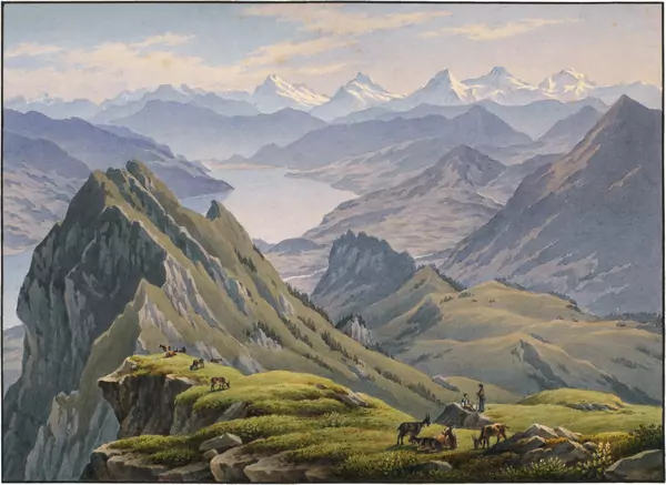 Gabriel Lory fils — Blick von einer Höhe beim Stockhorn auf den Thunersee und die Alpenkette, mit einer Ziegenherde im Vordergrund — Galerie Kornfeld