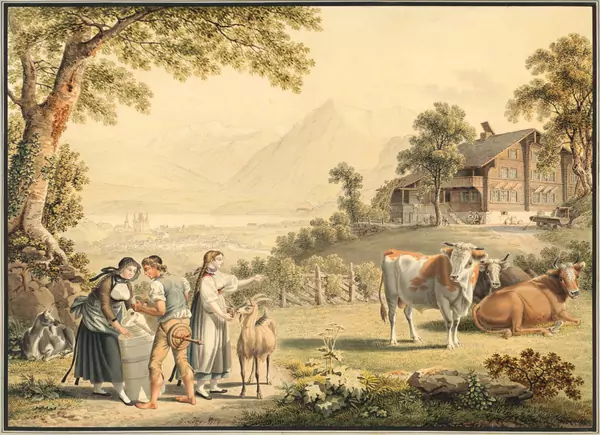 Gabriel Lory père — Bauernhaus mit reicher Staffage, mit Blick auf Thun und den Niesen — Galerie Kornfeld