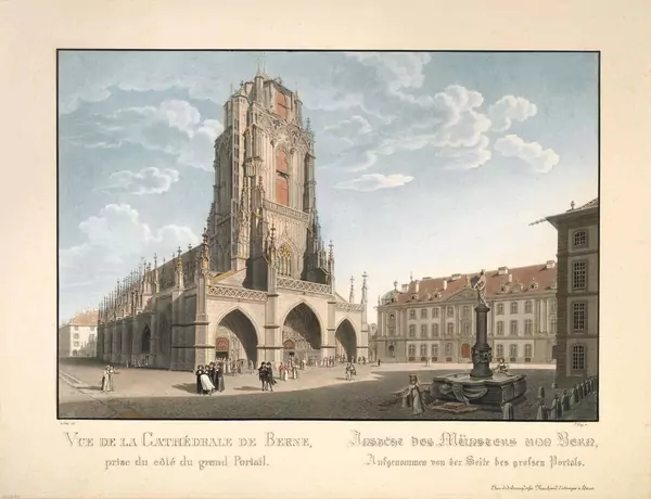 Gabriel Lory père — Vue de la Cathédrale de Berne/prise du coté du grand Portail/Ansicht des Münsters von Bern/ aufgenommen von der Seite des grossen Portals — Galerie Kornfeld
