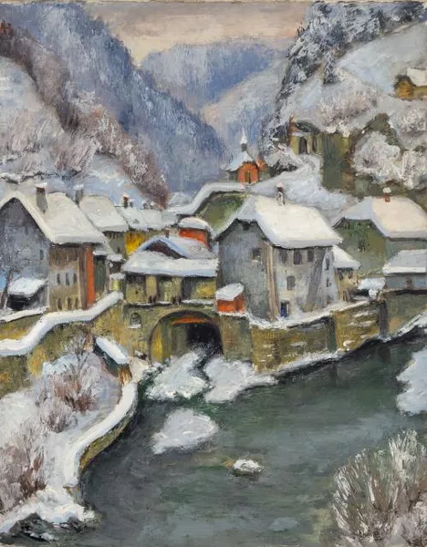 Gaston THEVOZ (1902-1948), "Le pont de la poya sous la neige Fribourg". — DognyAuction