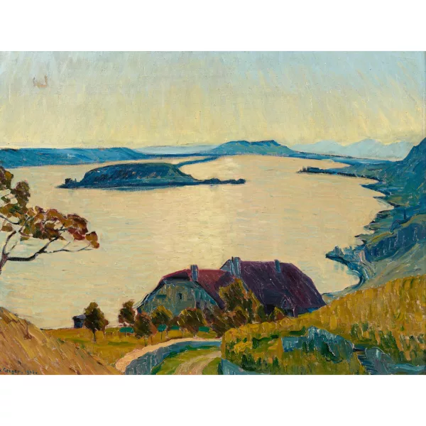 Geiger, Ernst Samuel — Herbstabend am Bielersee mit St. Petersinsel.