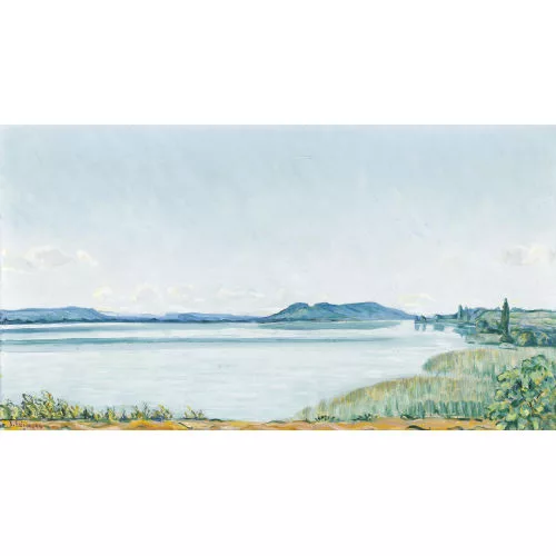 Geiger, Ernst Samuel — Blick auf den Bielersee unter blauem Himmel.