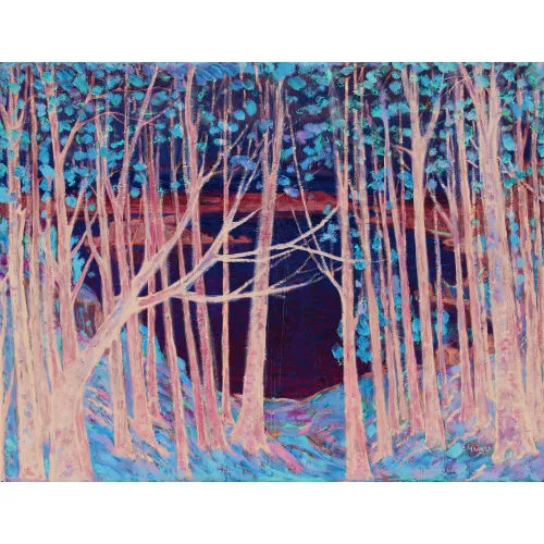Geiger, Ernst Samuel — Blick durch einen herbstlichen Wald auf den Bielersee.