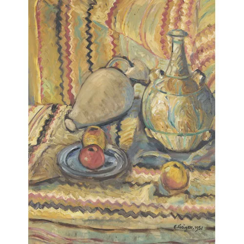 Geiger, Ernst Samuel — Stillleben mit Äpfeln und zwei Vasen.