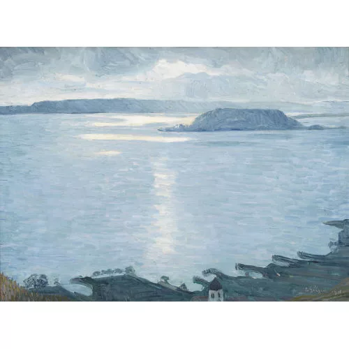 Geiger, Ernst Samuel — Blick auf den Kirchturm von Twann und die St. Petersinsel.
