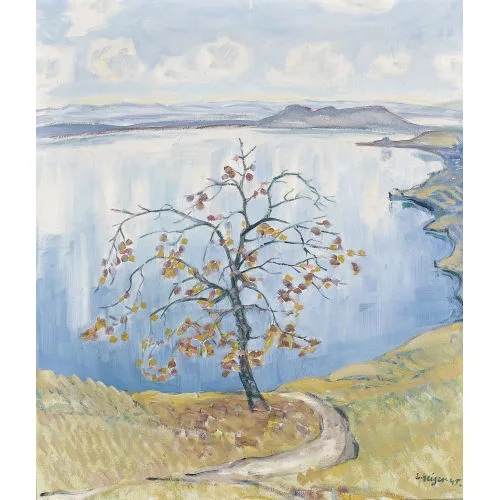 Geiger, Ernst Samuel — Herbstliche Ansicht des Bielersees mit Obstbaum.