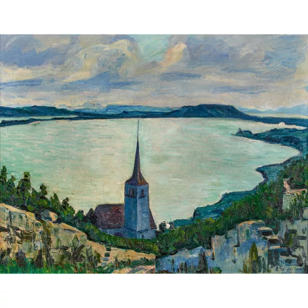 Geiger, Ernst Samuel — Blick auf die Ligerzer Kirche und den Bielersee.