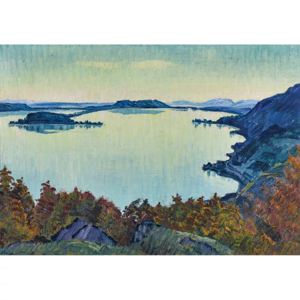 Geiger, Ernst Samuel — Der Bielersee mit St. Petersinsel in der Abenddämmerung.