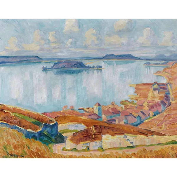 Geiger, Ernst Samuel — Herbstlicher Bielersee mit Twann und St. Petersinsel.