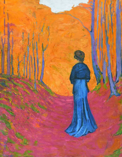 Geiger, Ernst Samuel — Herbstliche Waldpartie mit Dame in blauem Kleid.