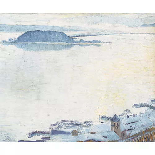 Geiger, Ernst Samuel — Blick auf das verschneite Twann und die St. Petersinsel.