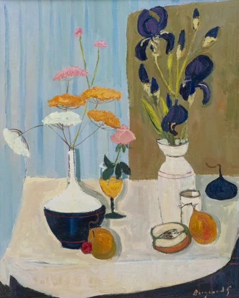 Georges Borgeaud — Georges BORGEAUD (1914-1998) "Nature morte aux fleurs et aux fruits- Les iris" huile