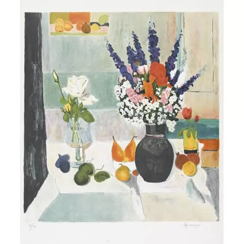 Stillleben mit Blumenvase und Obst