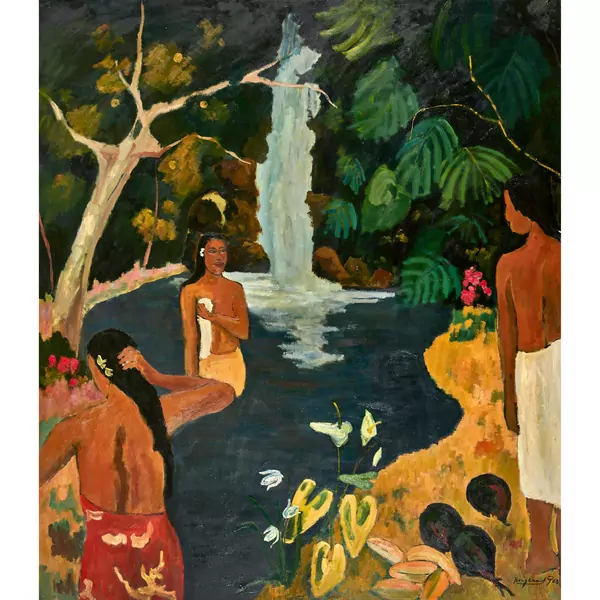 Tahitiennes devant la cascade
