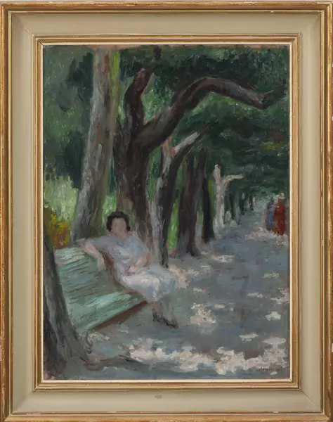 Georges DESSOUSLAVY (1898-1952), "Femme sur le banc vert", huile sur toile — DognyAuction