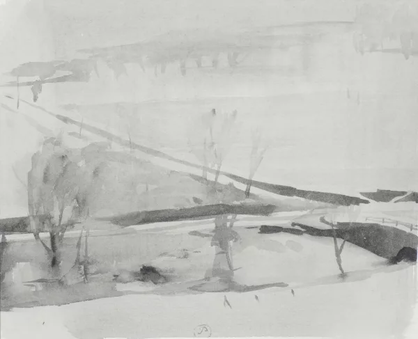 Gérard de Palézieux — Gérard DE PALEZIEUX (1919-2012) "Paysage valaisan", lavis à l'encre noire